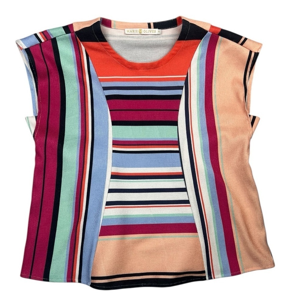 Marie Oliver Women’s Multi-Color Striped Tie-Back Short Sleeve Blouse In Size XS